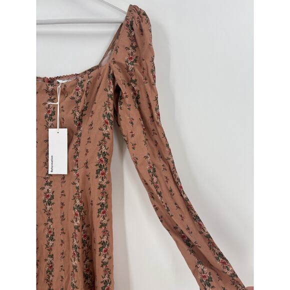 NWT Reformation Sigmund Dress 0 Floral Boudoir Midi Slit Long Sleeves Smocked - Picture 4 of 16